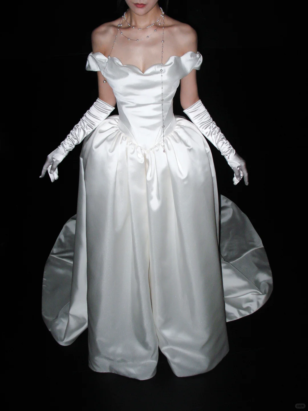 Chic Ball Gown Off the Shoulder White Satin Long Train Wedding Dress SH8901