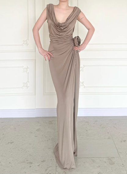 Simple Brown Vintage Sheath Straps Satin Long Prom Dress Wedding Guest Dress SH5506
