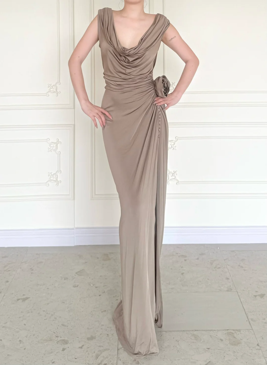 Simple Brown Vintage Sheath Straps Satin Long Prom Dress Wedding Guest Dress SH5506