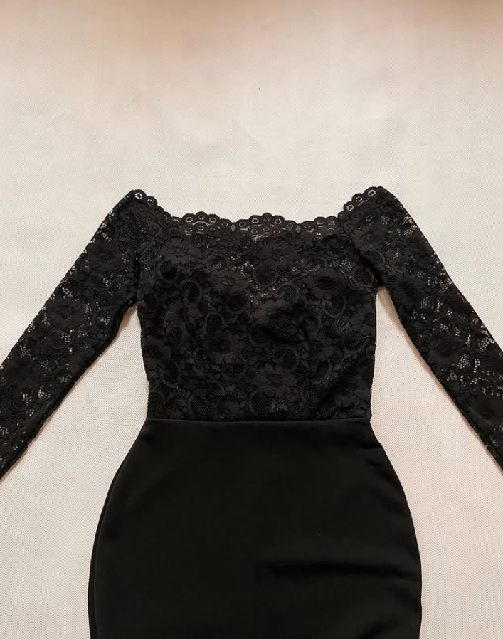 Vintage Mermaid Long Sleeve Black Lace Satin Prom Dress Evening Dress SH6970