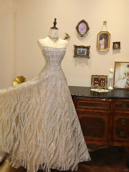 Shiny A Line Strapless Champagne Sequin Tulle Long Prom Dress Evening Dress SH7409