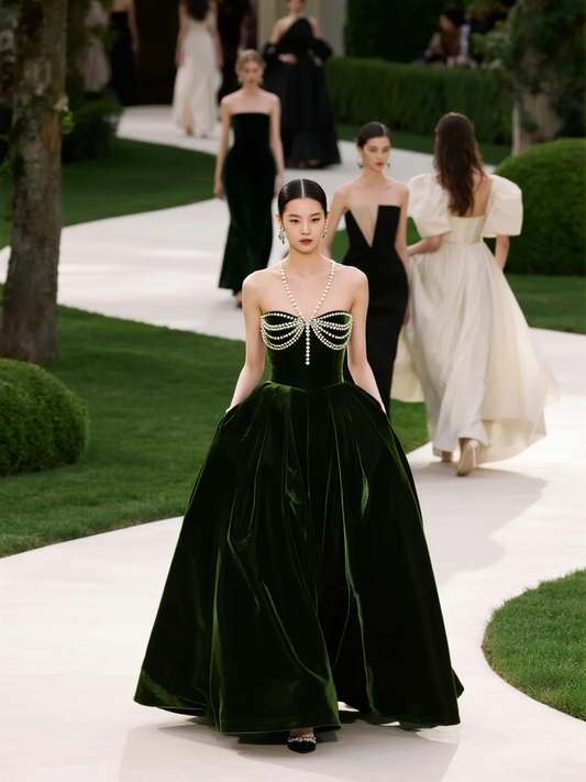 Olive Green A Line Halter Pearl Velvet Prom Dress Evening Dress SH5115