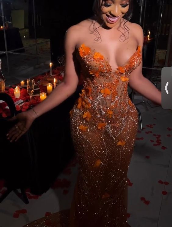 Gorgeous Orange Beaded Applique Mermaid Evening Dress Long Prom Dress SH935