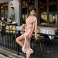 Flowy Pink Sheath Beaded Ruffle Chiffon Homecoming Dress Date Dress with Slit SH3693
