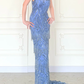 Exquisite Layered Beading Sheath Halter Blue Chiffon Backless Long Prom Dress Evening Dress SH6765