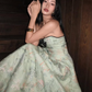 Vintage A Line Strapless Print Floral Green Satin Long Prom Dress Graduation Prom Dress SH5300