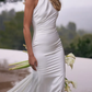 High-class Mermaid Halter White Satin Backless Long Train Wedding Dress SH6993