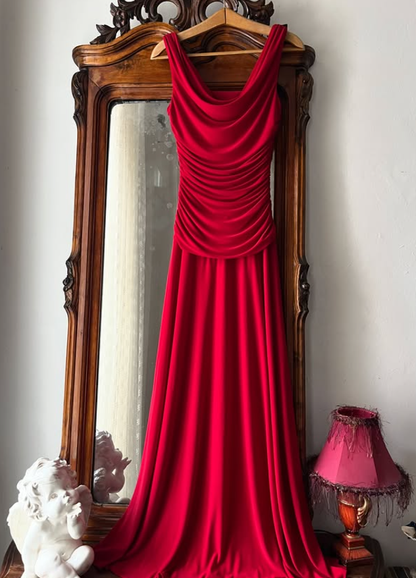 Simple Red A Line Pleated Satin Prom Dress Evening Dress Date Dress SH5632