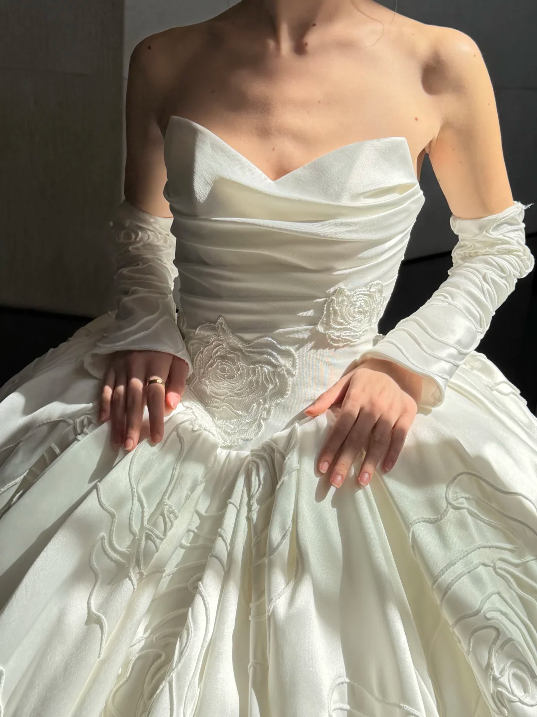 Rose Ball Gown Strapless White Satin Long Sweep Wedding Dress SH5279