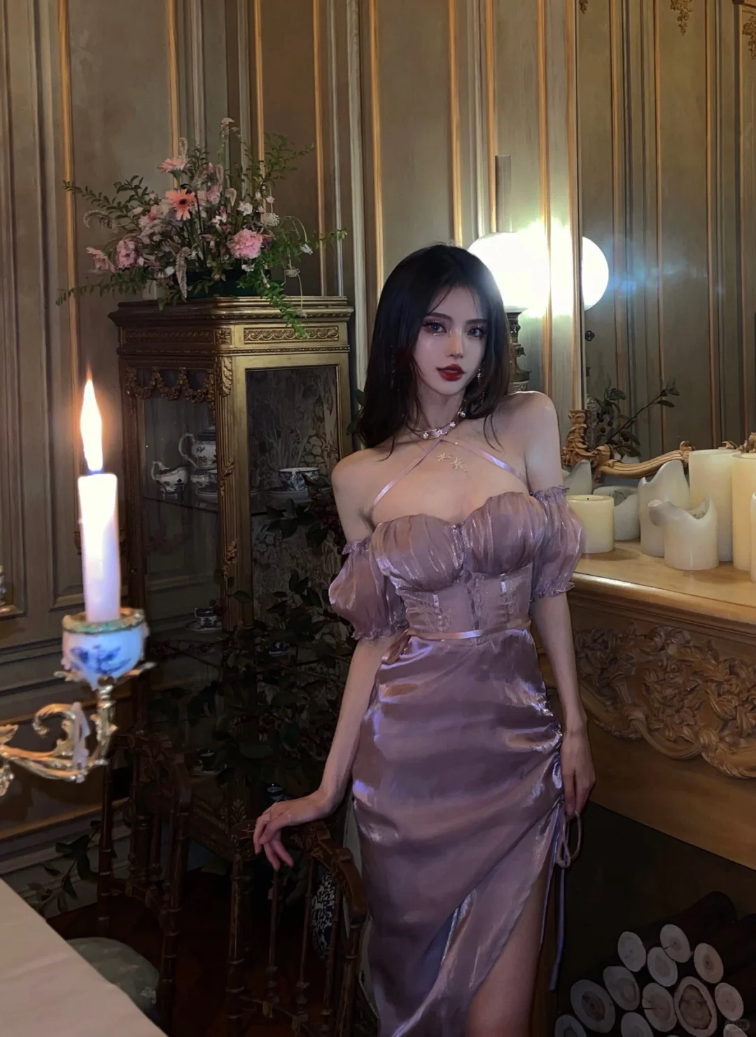 Sexy Purple Sheath Halter Satin Prom Dress Party Dresses with Slit SH4596