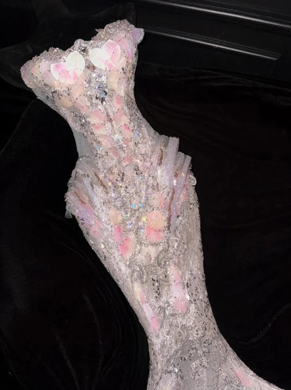 Stunning Pink Mermaid Strapless Exquisite Beaded Floral Tulle Prom Dress Evening Dress SH7170