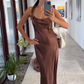 Simple Brown A Line Spaghetti Strap Satin Open Back Prom Dress Wedding Guest Dress SH4448