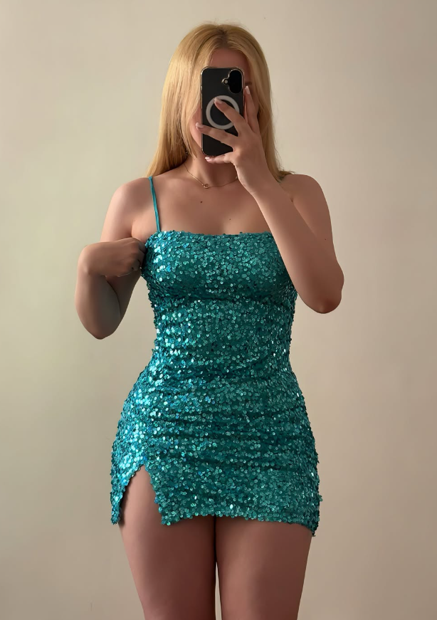 Cute Blue Sheath Spaghetti Straps Sequin Short Prom Dress Homecoming Dress Outfits SH6842
