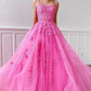 Simple Spaghetti Straps A-Line Lace Appliques Tulle Long Prom Dress KS7930