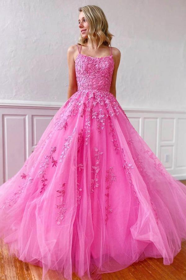 Simple Spaghetti Straps A-Line Lace Appliques Tulle Long Prom Dress KS7930