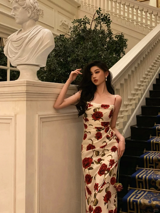 Romantic Rose Sheath Spaghetti Strap Satin Prom Dress Outfits SH4485