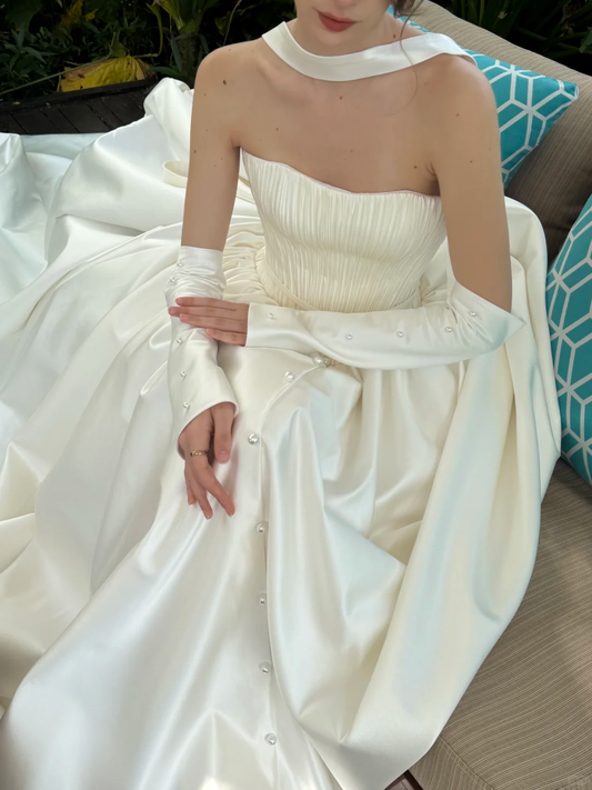 Classic Simple Ball Gown Strapless White Satin Long Sweep Wedding Dress SH5280