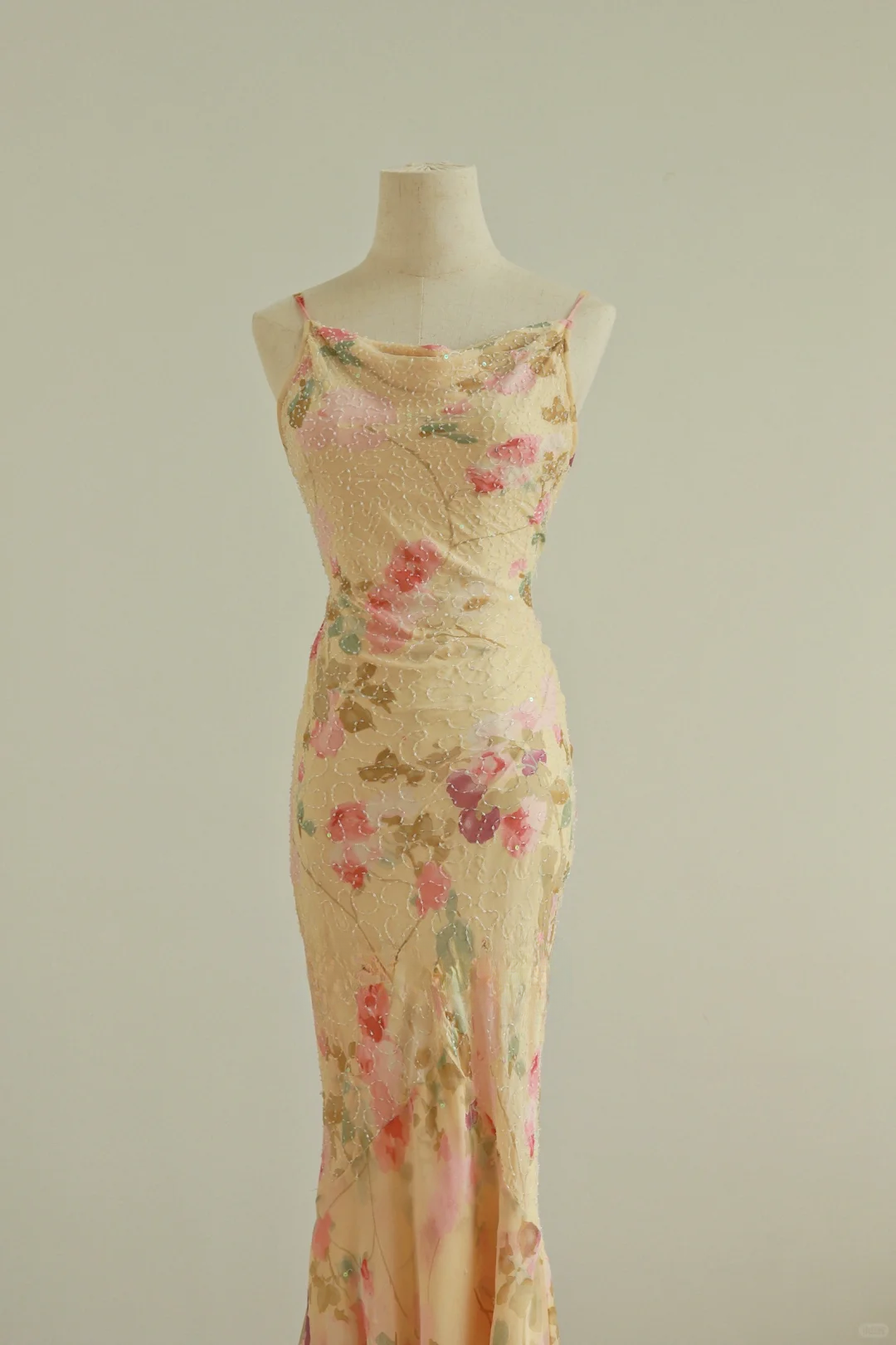 Retro Print Floral Mermaid Spaghetti Strap Beaded Chiffon Prom Dress Evening Dress SH3900