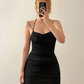 Hot Sheath Spaghetti Strap Pleated Black Satin Short Prom Dress Homecoming Dress SH6899