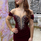 Elegant Burgundy Sheath Off the Shoulder Beaded Velvet Long Prom Dress Evening Dress SH6806