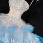 Blue Ombre A Line Strapless Silver Sequin Tulle Long Prom Dress Party Dress SH3417