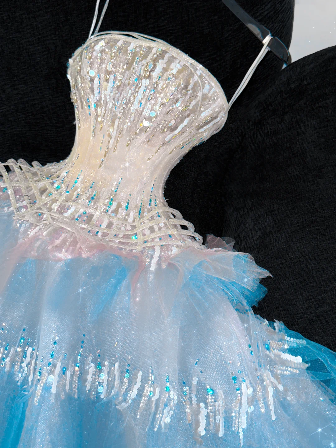 Blue Ombre A Line Strapless Silver Sequin Tulle Long Prom Dress Party Dress SH3417
