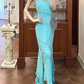Vintage Blue Sheath Spaghetti Straps Beaded Chiffon Long Prom Dress SH5207