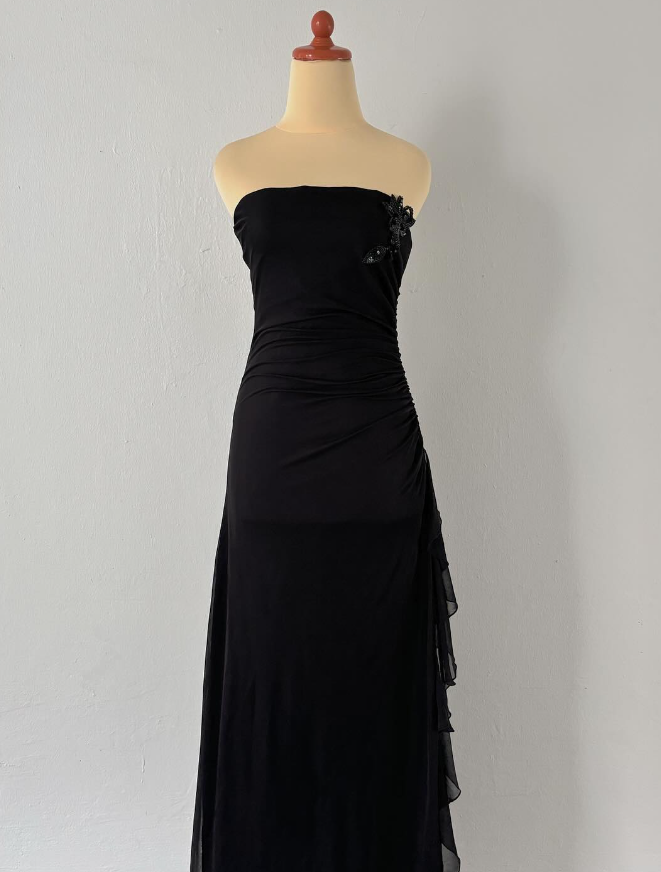 Vintage A Line Strapless Bead Flower Black Chiffon Long Evening Dress SH1884