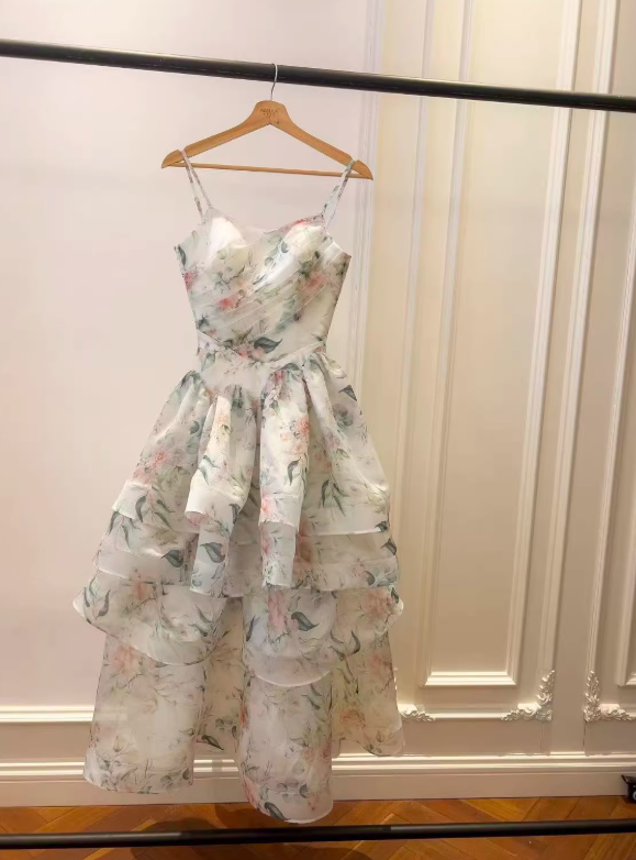 Print Floral A Line Straps Layered Chiffon Prom Dress Outfits SH5156