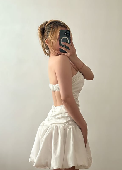 Cute A Line Strapless Ivory Satin Backless Short Prom Dress Homecoming Dress Outfits SH6850