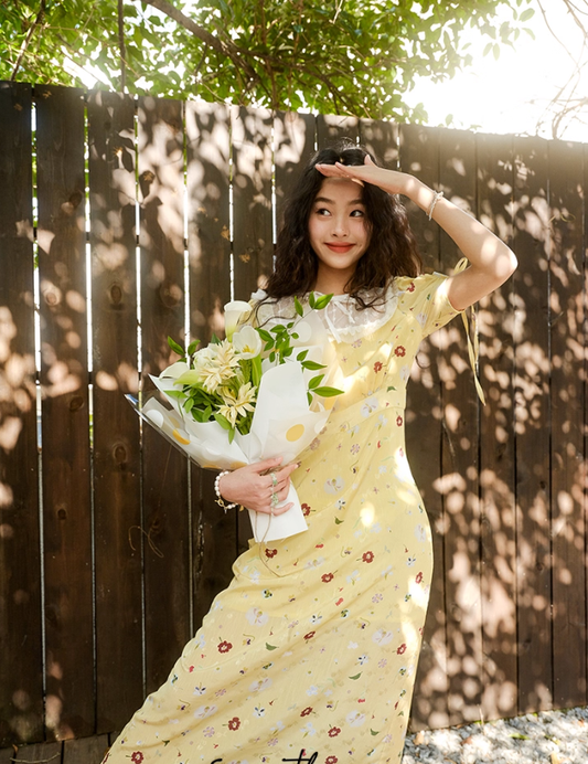 Cute A Line Puff Print Floral Lace Yellow Chiffon Summer Dress Party Dress Outfits SH4175