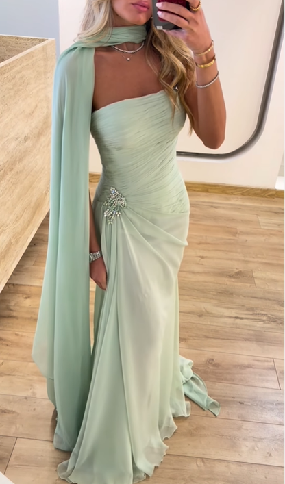 Fresh Green A Line Strapless Chiffon Long Prom Dress Party Evening Dress SH5704