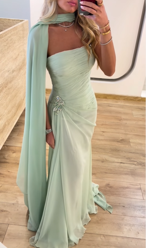 Fresh Green A Line Strapless Chiffon Long Prom Dress Party Evening Dress SH5704