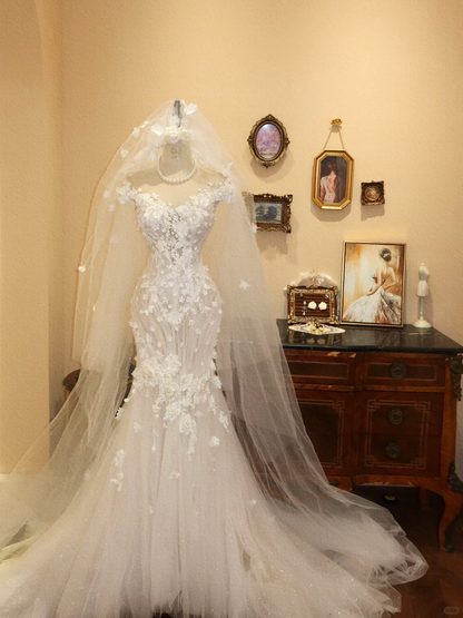 Elegant Mermaid Off the Shoulder White Appliques Tulle Long Prom Dress Wedding Dress SH7393