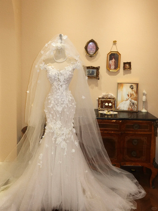 Elegant Mermaid Off the Shoulder White Appliques Tulle Long Prom Dress Wedding Dress SH7393