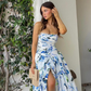 Blue A Line Strapless Print Floral Satin Long Prom Dress Evening Dress with Slit SH1879