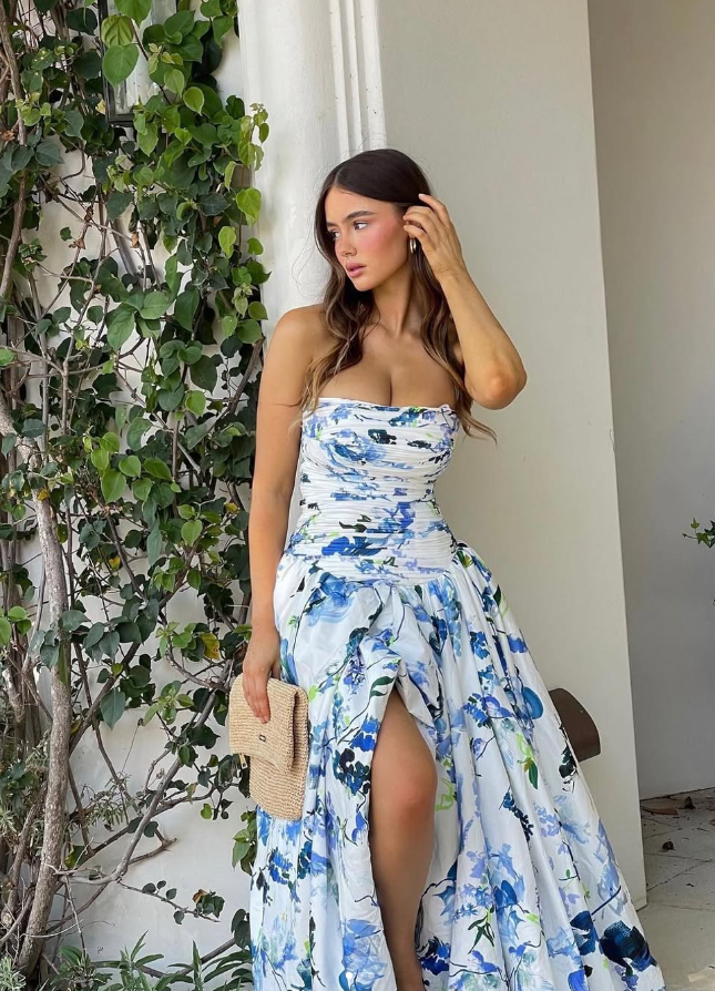 Blue A Line Strapless Print Floral Satin Long Prom Dress Evening Dress with Slit SH1879