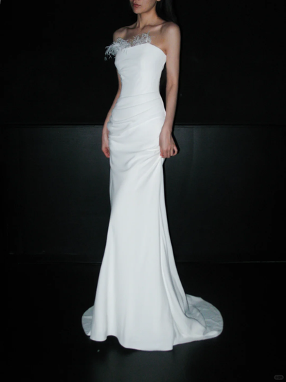 High-class Simple Sheath Strapless White Feather Satin Long Wedding Dress SH6622
