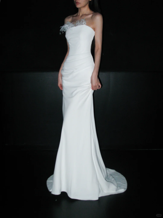 High-class Simple Sheath Strapless White Feather Satin Long Wedding Dress SH6622