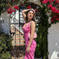 Romantic Pink Print Floral Sheath V Neck Chiffon Prom Dress Vacation Dress SH6259