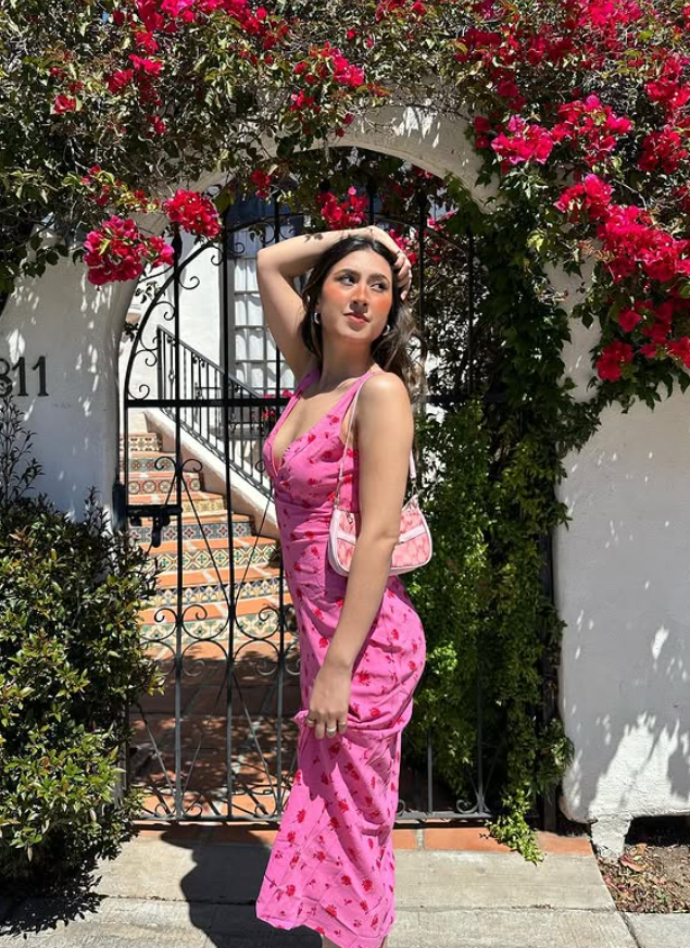 Romantic Pink Print Floral Sheath V Neck Chiffon Prom Dress Vacation Dress SH6259