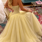 Princess Yellow A Line Sweetheart Neck Lace Chiffon Long Prom Dress Outfits SH6736