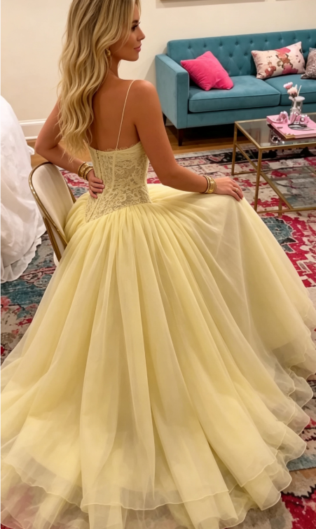 Princess Yellow A Line Sweetheart Neck Lace Chiffon Long Prom Dress Outfits SH6736