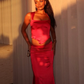 Two Piece Sheath Spaghetti Strap Burgundy Satin Party Dress Evening Dress SH2855