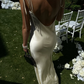 Simple White A Line Spaghetti Strap Satin Open Back Prom Dress Wedding Guest Dress SH4446