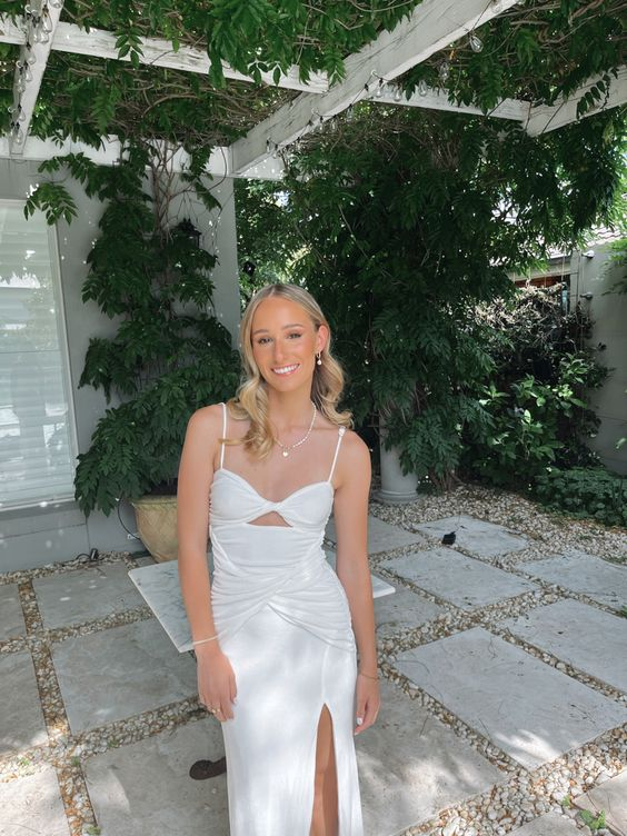 Cute White Sweetheart Neckline Long Slit Prom Dress Evening Dress SH1090