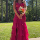 Spaghetti Straps Fuchsia Mermaid Ruffles Long Prom Dress Slit Evening Dress SH1561