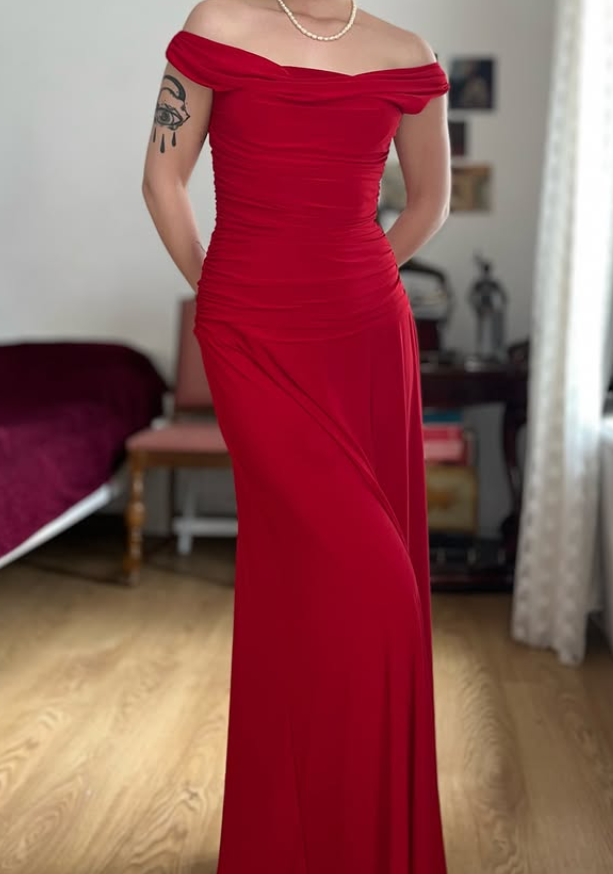 Simple Red A Line Pleated Satin Prom Dress Evening Dress Date Dress SH5632