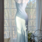 Gentle Cool Baby Blue Sheath Beaded Chiffon Long Graduation Prom Dress SH5343