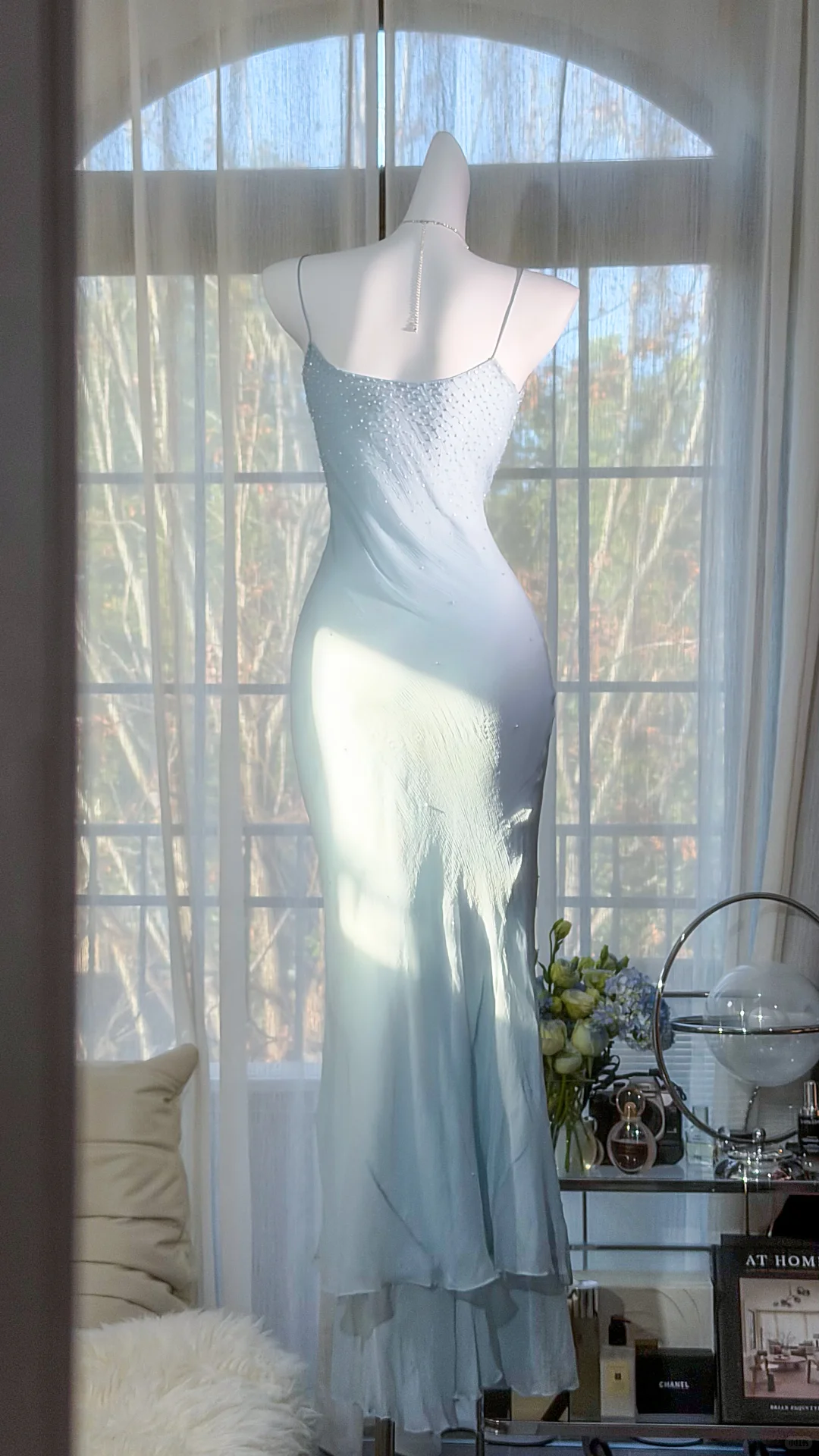 Gentle Cool Baby Blue Sheath Beaded Chiffon Long Graduation Prom Dress SH5343